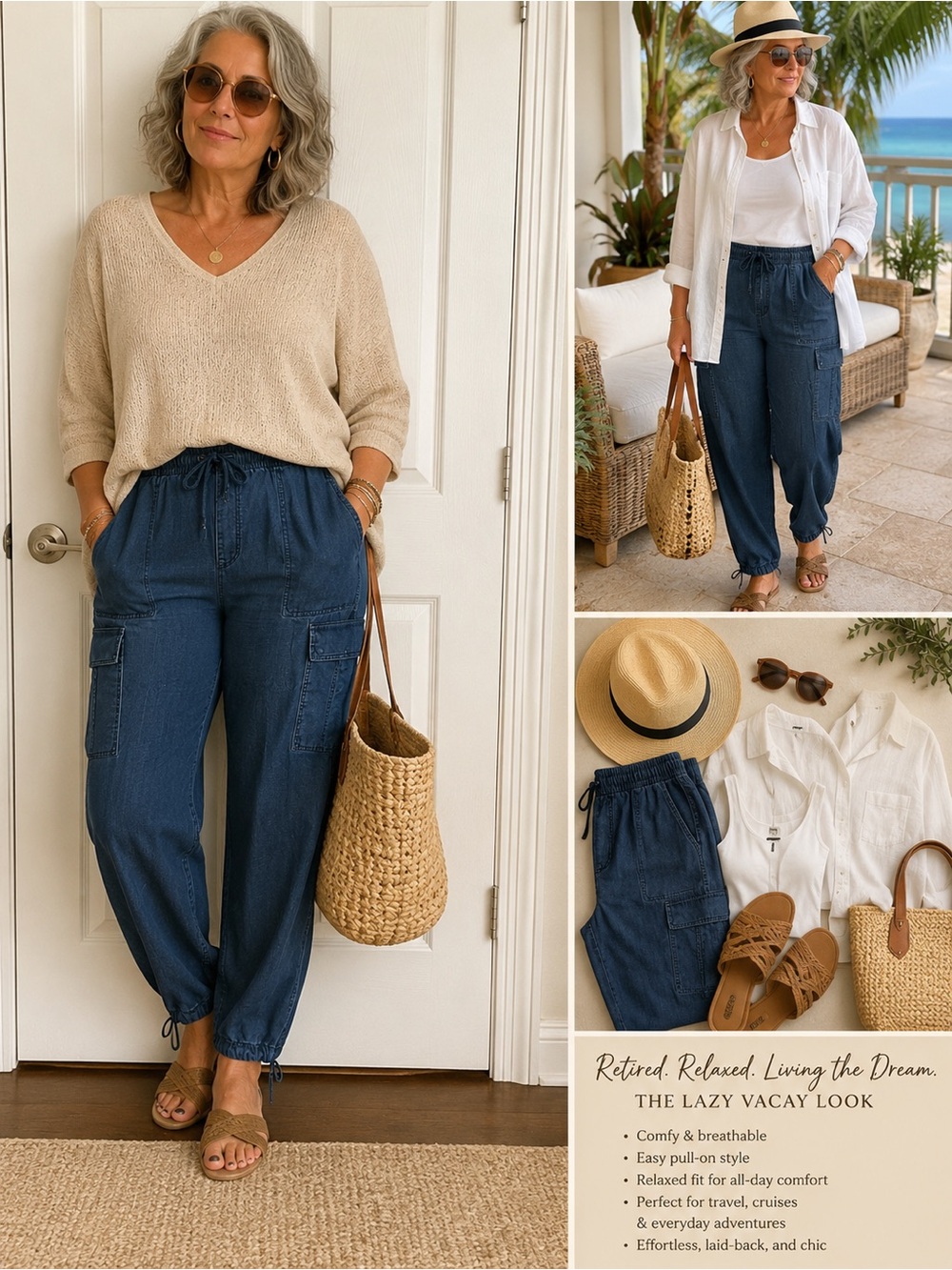 Denim Cargo Jogger Pants Women’s XL Blue Utility Drawstring Vacation Casual